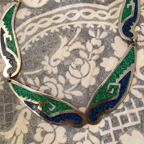 Vintage Sterling Stone Inlay Flat Necklace - Picture 2 of 5